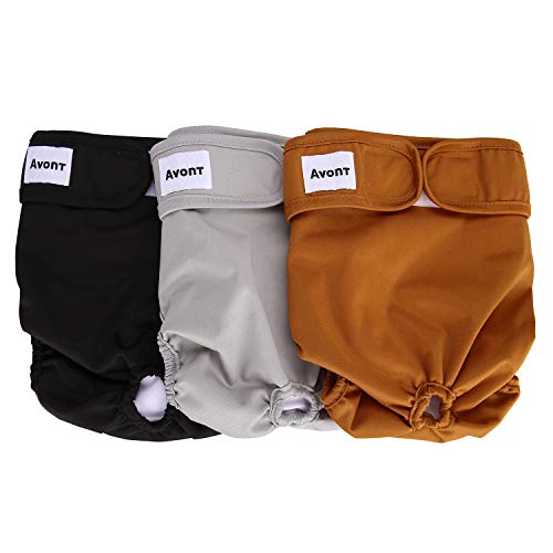 Avont 3 Packs - Pañales Lavables para Perras, Reutizables y Duraderos para Perros Hembra, Female Dog Diapers Altamente Absorbentes -M, 13"-19" Cintura, Negro/Marrón/Gris