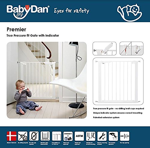 BabyDan Premier rejilla de puerta / puerta de escalera para sujeción, 86 - 93,3 cm - hecho en Dinamarca y probado por el TÜV GS, color: blanco