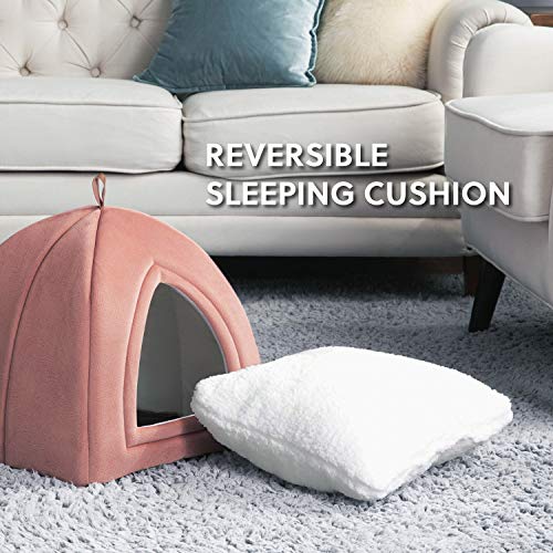 Bedsure Cama Gato Cueva Suave - Casa Gato Mediano Lavable con Cojín Desenfundable y Extraíble, Camas para Perros Pequeños 38x38x38cm, Rosa