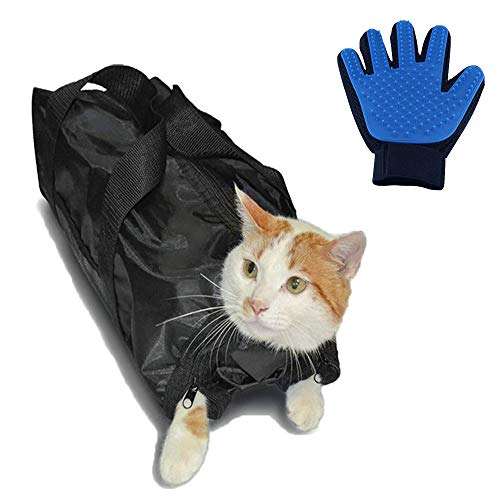 Bestbuy Bolsa de aseo para gatos + guante para mascotas, bolsa de baño para limpieza de orejas, cortar uñas, alimentación medicinal resistente a arañazos y mordeduras