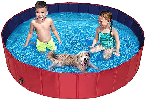 BingoPaw Piscina Perros Grandes, Piscina para Perros Plegable XXL Bañera Infantil PVC Antideslizante y Resistente al Desgaste con válvura para Interior Exterior 160x30 cm Color Rojo