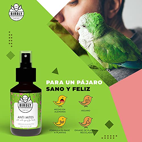 Birdly Spray Antiácaros Aves - Antiparasitario Natural Aves y su Entorno - Protección de Parásitos en Jaulas para Canarios, Jaulas para Agapornis - Repelente de Ácaros con Aceite de Geranio, 100ml