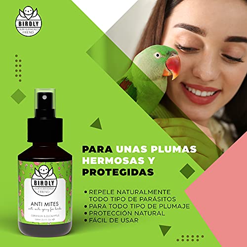 Birdly Spray Antiácaros Aves - Antiparasitario Natural Aves y su Entorno - Protección de Parásitos en Jaulas para Canarios, Jaulas para Agapornis - Repelente de Ácaros con Aceite de Geranio, 100ml