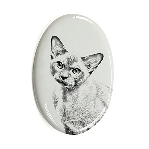 Birmania Gato, ovalado tumba de azulejos de cerámica con una imagen de un gato
