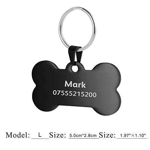BKDZ Etiquetas de identificación de Mascotas de Acero Inoxidable Etiquetas de Perro Personalizadas Personalizadas Grabado Frontal/Posterior para Gato y Perro con (L, Hueso Negro)