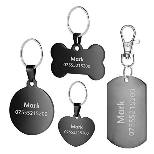 BKDZ Etiquetas de identificación de Mascotas de Acero Inoxidable Etiquetas de Perro Personalizadas Personalizadas Grabado Frontal/Posterior para Gato y Perro con (L, Hueso Negro)