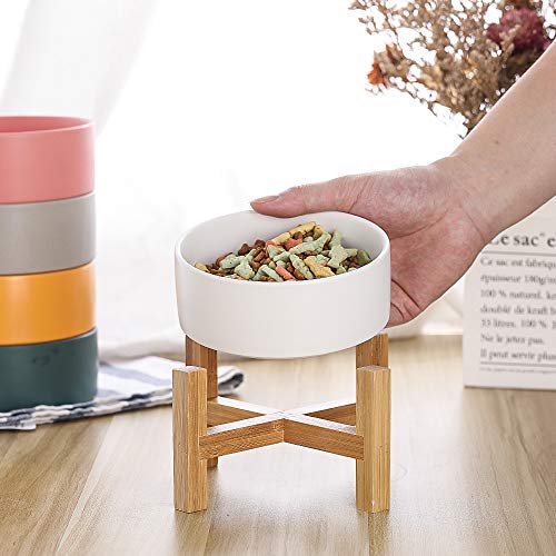 Blanco Comedero Gato Comedero Perro Comedero Elevado Gato con Soporte de Bambú - Comederos para Gatos Perros Pequeño y Mascotas - Cuenco de Ceramica para Agua Comida 400ML
