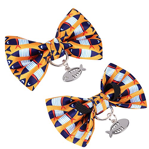 Blueberry Pet Pack of 1 Timeless Navy Blue Breakaway Adjustable Chic Fish Print Handmade Bow Tie Cat Collar with European Crystal Bead on Fish Charm, Neck 23cm-33cm Bow 6cm * 4.5cm