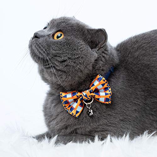 Blueberry Pet Pack of 1 Timeless Navy Blue Breakaway Adjustable Chic Fish Print Handmade Bow Tie Cat Collar with European Crystal Bead on Fish Charm, Neck 23cm-33cm Bow 6cm * 4.5cm