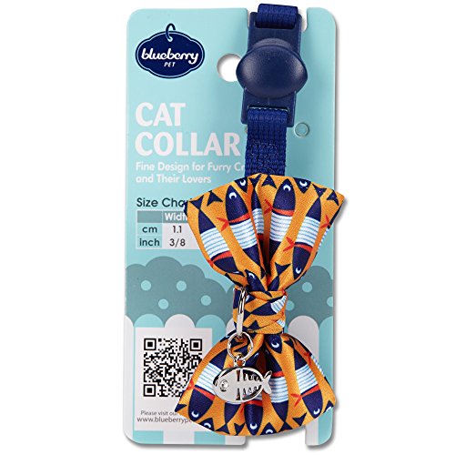 Blueberry Pet Pack of 1 Timeless Navy Blue Breakaway Adjustable Chic Fish Print Handmade Bow Tie Cat Collar with European Crystal Bead on Fish Charm, Neck 23cm-33cm Bow 6cm * 4.5cm