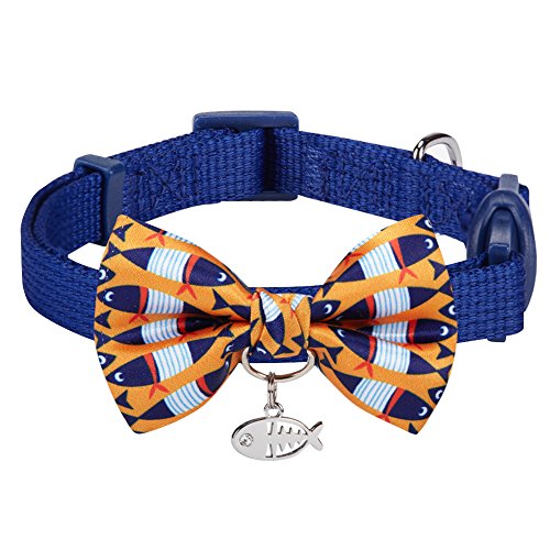 Blueberry Pet Pack of 1 Timeless Navy Blue Breakaway Adjustable Chic Fish Print Handmade Bow Tie Cat Collar with European Crystal Bead on Fish Charm, Neck 23cm-33cm Bow 6cm * 4.5cm