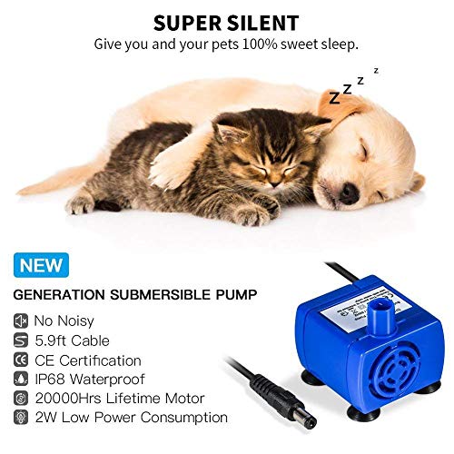 Bomba de agua para mascotas, bomba de repuesto para flores, fuente de gato, mini súper silenciosa, bomba eléctrica de agua de 2 W, con cable de 1,5 m para fuente de agua para gatos