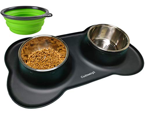 Cadosoigh Comedero para Gatos Perros Mascotas de Acero Inoxidable (750ml*2) con Base de Silicona Antideslizante,con Tazón Plegable