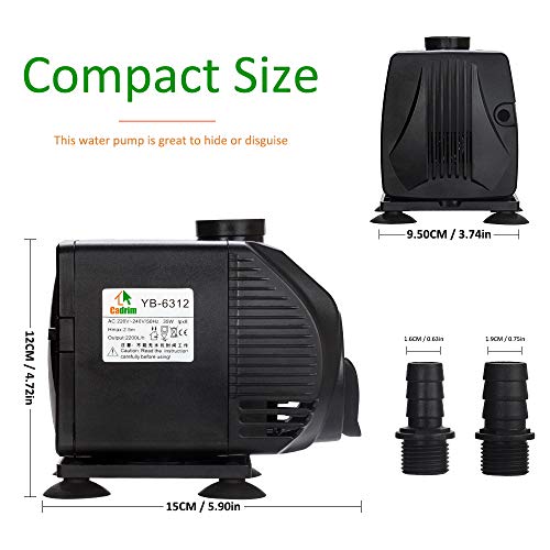 Cadrim Bomba Sumergible, Bomba de Agua para Acuario,2200L/H 220-240V/35W Bomba de Acuario,Estanque, Fuente, Natación, Sin Ruido (2200ML)