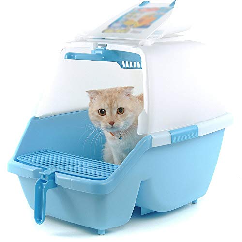 Caja de arena para gatos Cubierta Transparente Encerrada Recepción Sartén Gato De Interior Abierto Y El Uso De Los Contenedores Gran caja de arena para mascotas ( Color : Azul , tamaño : 42*40*53cm )
