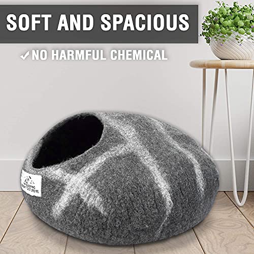 Cama Cueva de Lana para Gatos (Mediana), Hecha a Mano con 100% Lana Merino, Cueva de Fieltro ecológico para Gatos y Gatitos de Interior (Rayas de guijarros)