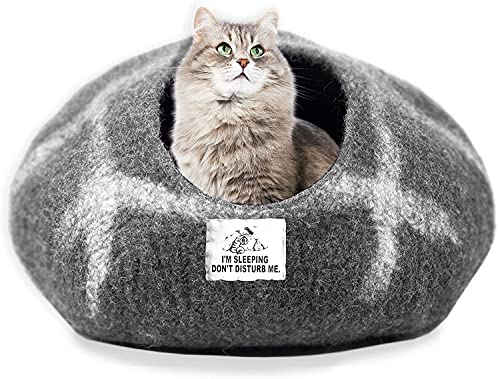 Cama Cueva de Lana para Gatos (Mediana), Hecha a Mano con 100% Lana Merino, Cueva de Fieltro ecológico para Gatos y Gatitos de Interior (Rayas de guijarros)