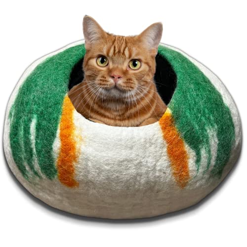 Cama Cueva de Lana para Gatos (Mediana), Hecha a Mano con 100% Lana Merino, Cueva de Fieltro ecológico para Gatos y Gatitos de Interior (Remolino de Caramelos)