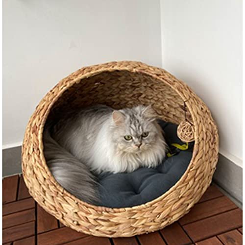 Cama de gato de mimbre tejida a mano de algas marinas de la mascota de la mascota de la mascota Casa de gato con cojín suave Bola de ratán Cesta de la cima de la bola for gatos for interiores y pequeñ