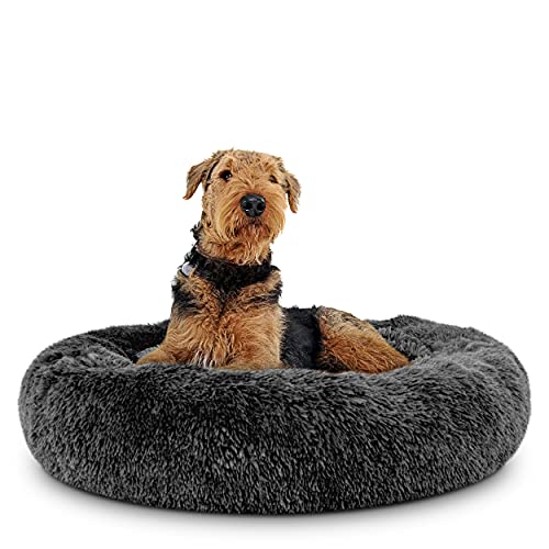 Cama para perro Sound Sleep de The Dog’s Bed, forma redonda, funda extraíble de felpa marrón grande, cama nido, relajante y de gran calidad