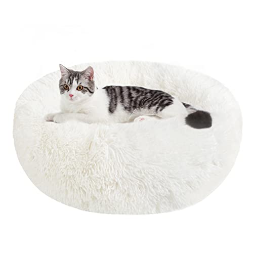 Cama Perro Gato Mediano Pequeño - Cama para Perros Gatos Redonda Antiestres Suave Lavables, Cálido Felpa Cama Cojin Interior Invierno para Perro y Gato Medianos Pequeños (L-60cm, Blanco)