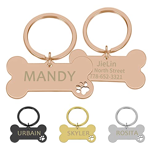 CAMAL Placas para Perros Grabadas Acero Inoxidable, Placas Identificativas Perros Personalizables para Collar Perro Gato Mascota, Chapa Perro Grabada, Forma de Hueso (Oro Rosa, Grande)