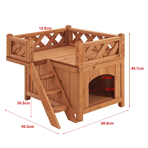 Casa para Gatos de 2 Niveles con Escalera Terraza Exterior-Interior Madera Abeto 46 x 51 x 51 cm Natural