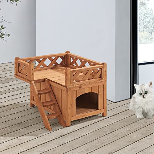 Casa para Gatos de 2 Niveles con Escalera Terraza Exterior-Interior Madera Abeto 46 x 51 x 51 cm Natural
