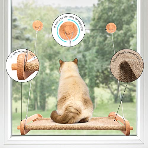 CATISM Madera Hamaca de Ventana para Gatos Cama para Gatos Ventana Perca de Ventana para Gato con 4 ventosas Grandes para Tomar la Siesta y Tomar el Sol, Soportar hasta 15kg