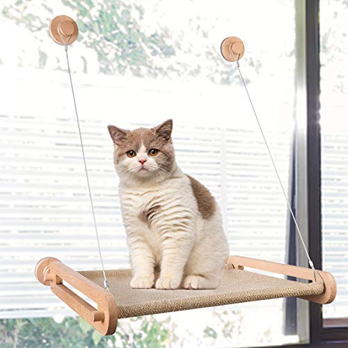 CATISM Madera Hamaca de Ventana para Gatos Cama para Gatos Ventana Perca de Ventana para Gato con 4 ventosas Grandes para Tomar la Siesta y Tomar el Sol, Soportar hasta 15kg