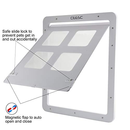 CEESC Puerta mosquitera para Perros (tamaño Exterior 43 cm x 37 cm), Puerta mosquitera para Mascotas con Cerradura para Perros y Perritos, Puerta para Perros para Puerta mosquitera (L, Blanca)