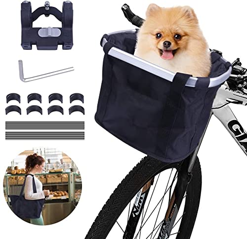 Cesta Bicicleta Delantera Desmontable,Cesta Plegable para Bicicletas Bolsa de Transporte de Mascotas con Marco de Aleación de Aluminio Cesta Bici para Perros Gatos,Bolsa de Compras Ecológica