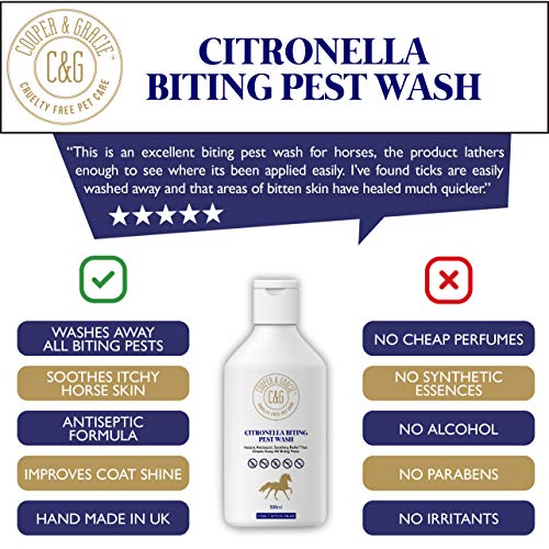 C&G Pets | Limpieza de plagas de citronela de caballo 500 ml | Alivio calmante antiséptico instantáneo de aceites esenciales destilados de vapor puro y natural | Limpia las plagas de mordedura