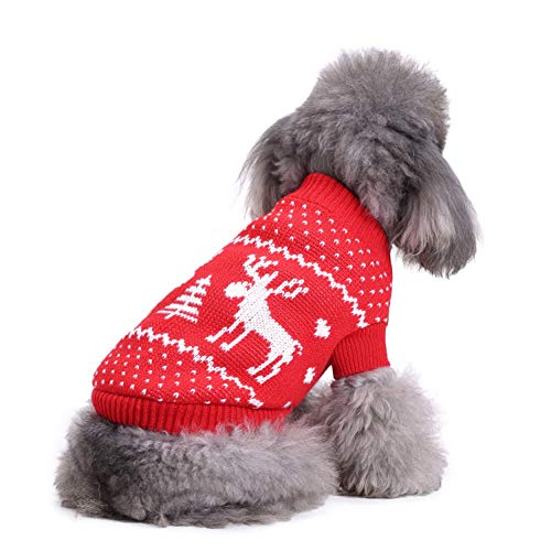 Chiatai Classic Dog Jumpers, Pet Gatos Cachorro Ropa de Punto de Navidad Gatito Lindo Reno Alce Pullover Sudadera de Invierno Traje Rojo M