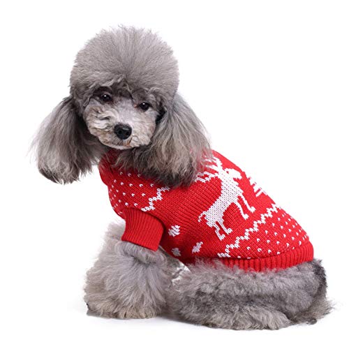 Chiatai Classic Dog Jumpers, Pet Gatos Cachorro Ropa de Punto de Navidad Gatito Lindo Reno Alce Pullover Sudadera de Invierno Traje Rojo M