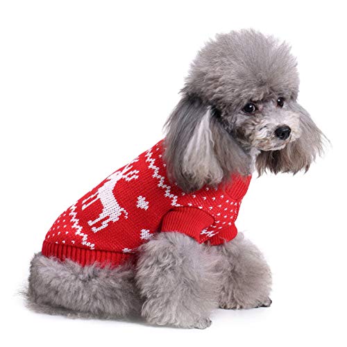 Chiatai Classic Dog Jumpers, Pet Gatos Cachorro Ropa de Punto de Navidad Gatito Lindo Reno Alce Pullover Sudadera de Invierno Traje Rojo M