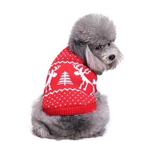 Chiatai Classic Dog Jumpers, Pet Gatos Cachorro Ropa de Punto de Navidad Gatito Lindo Reno Alce Pullover Sudadera de Invierno Traje Rojo M