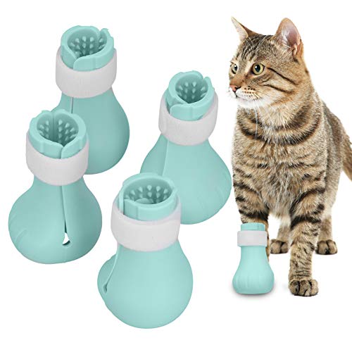Cikonielf 4 Uds Zapatos antiarañazos para Gatos, Zapatos de Silicona para Aseo de Mascotas, Zapatos Protectores de Pata de Gato Ajustables para rascar, para el Afeitado de baño(Green)