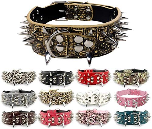 Collar de Perro Collares de Cuero Acolchados Lujosos con Tachuelas Afiladas para Perros Medianos Grandes Collar 5cm de Ancho Anti Mordiscos L,Rj-PT