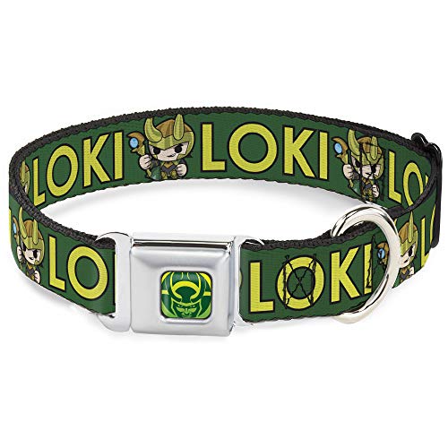 Collar de Perro Hebilla de cinturón de Seguridad Kawaii Loki pie Texto Verde Amarillo 11 a 17 Pulgadas 1.0 Pulgadas de Ancho