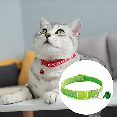 Collar Gato Nailon Suave Collar Gato con Hebilla Seguridad Collar de Gato 10 Collares para Mascotas, Collar con Huella de Perro, Adecuado para La Mayoría de Los Gatos (Negro, Verde Fluorescente)