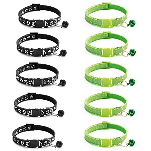 Collar Gato Nailon Suave Collar Gato con Hebilla Seguridad Collar de Gato 10 Collares para Mascotas, Collar con Huella de Perro, Adecuado para La Mayoría de Los Gatos (Negro, Verde Fluorescente)