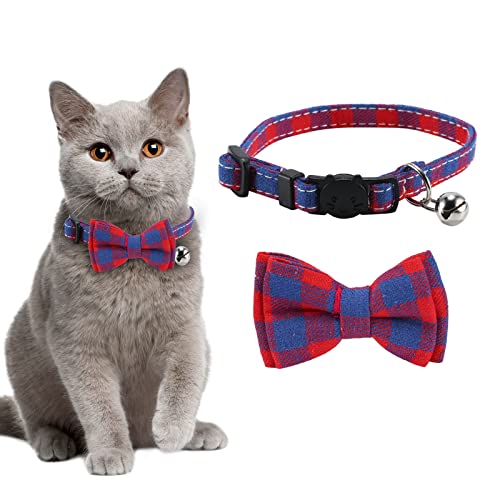Collar Gato,Collares de Gato con Campana y Pajarita (S, Azul Rojo)