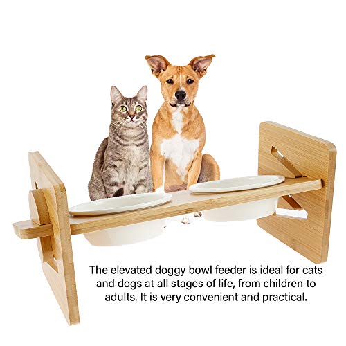 Comedero doble para gatos y perros, con altura regulable, fabricado en bambú, con 2 cuencos de cerámica, antideslizante y conservación del calor, para gatos de todas las edades y cachorros