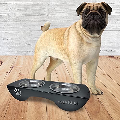Comedero para Perros Nombre Personalizado. Platos Acero Inoxidable. Base de Poliestireno Negro Brillante. Plato de Agua y de Alimento