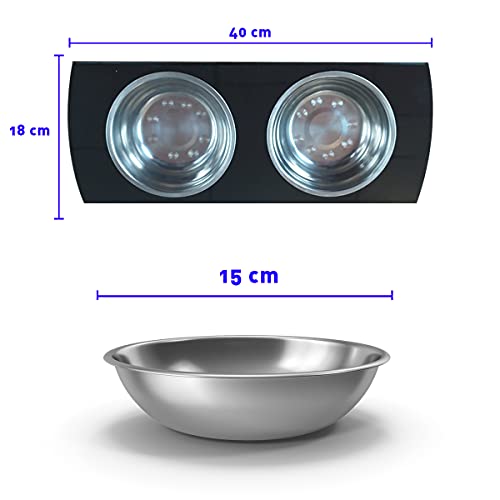 Comedero para Perros Nombre Personalizado. Platos Acero Inoxidable. Base de Poliestireno Negro Brillante. Plato de Agua y de Alimento