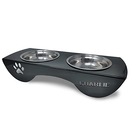 Comedero para Perros Nombre Personalizado. Platos Acero Inoxidable. Base de Poliestireno Negro Brillante. Plato de Agua y de Alimento