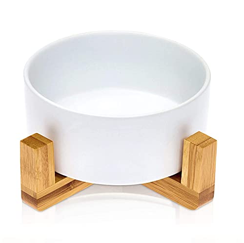Comedero Perro y Comedero Gato Cuencos elevados para Mascotas de cerámica para Perros Gatos Cachorros con Soportes de Bambú Antideslizante Cuenco de Agua para Personalizado y Práctico (Blanco)