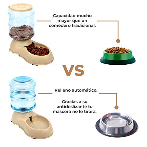 Comedero y Bebedero Automático para Gatos y Perros.1 Dispensador de Agua y 1 de Comida Antideslizantes de gran Capacidad (3,75L) para Mascotas. Materiales de gran calidad (2 piezas)