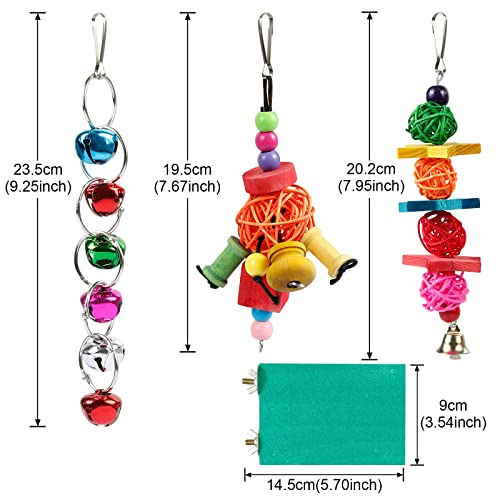 Comius Sharp Accesorios para Jaulas de Pájaros, 8 Piezas Colorido Aves Loros Juguetes Plataforma Soporte Perca de Pájaro, Escalera de Madera, Juguete Masticable, Columpios Juguetes con Campanas